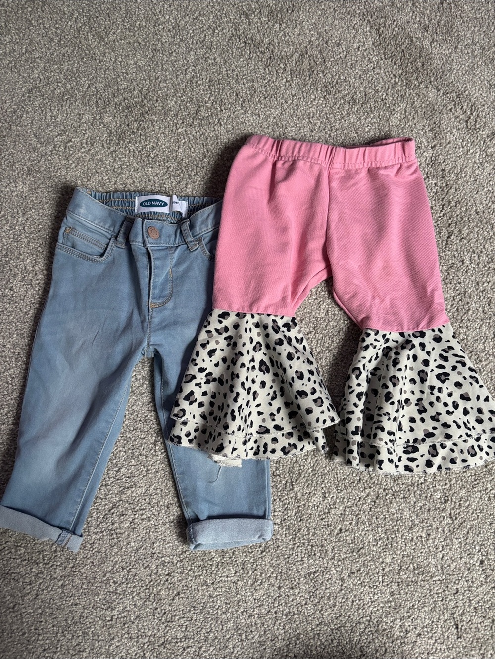 Old Navy Light Blue Denim Jeans & Baileys Blossom Pink Leopard Bell Bottom Set